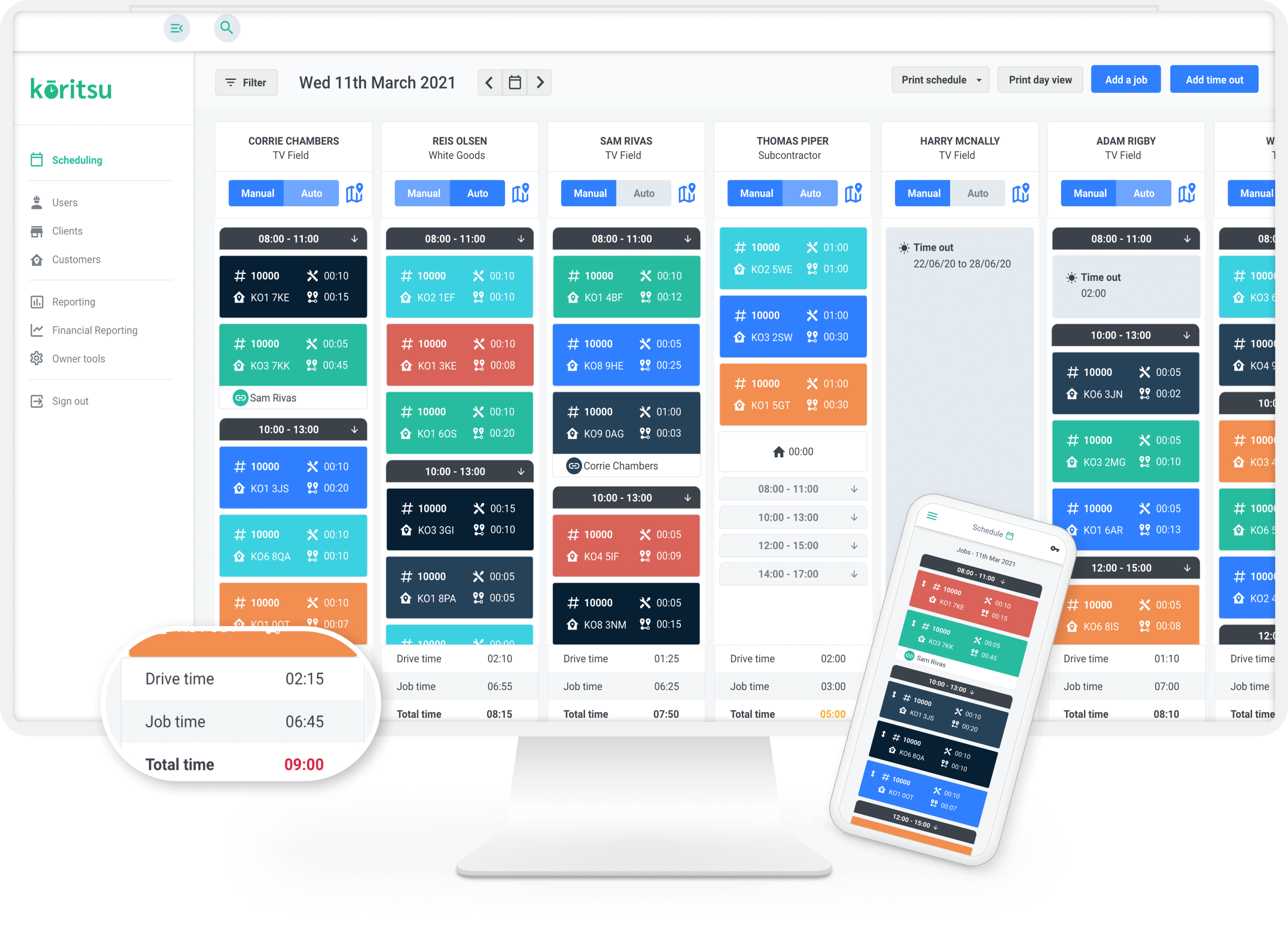 A desktop screen shows the Kōritsu scheduling software and the accompanying mobile app